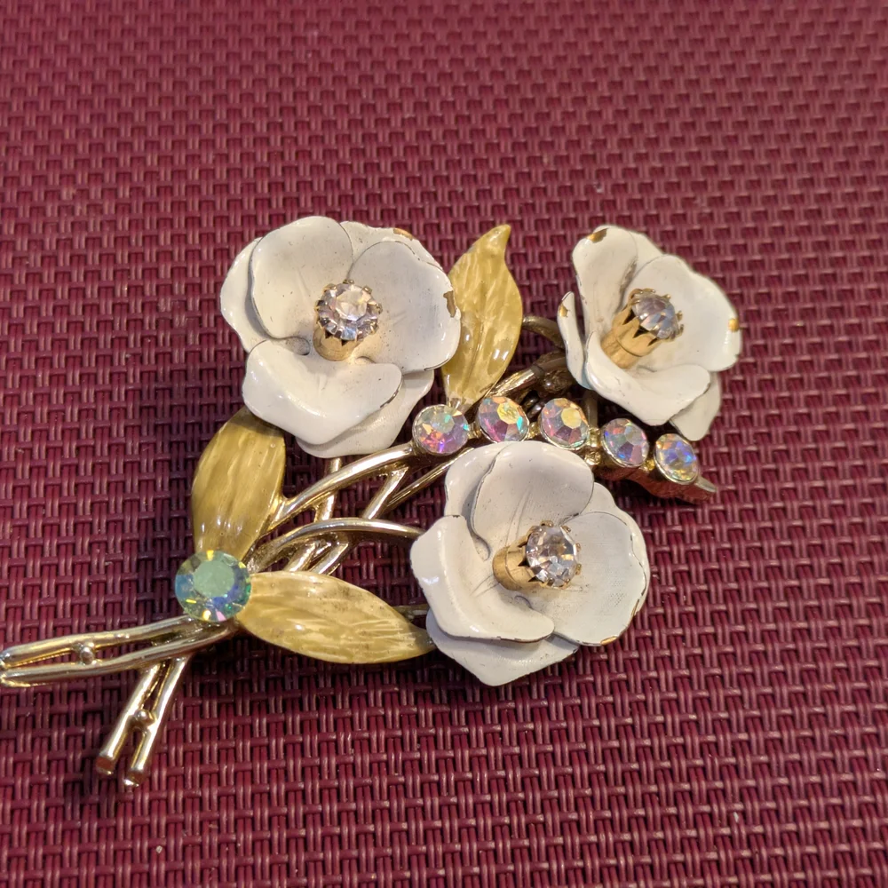 Vintage Coro Gold and White Floral Brooch with Sparkling Accents Vintage 1960s